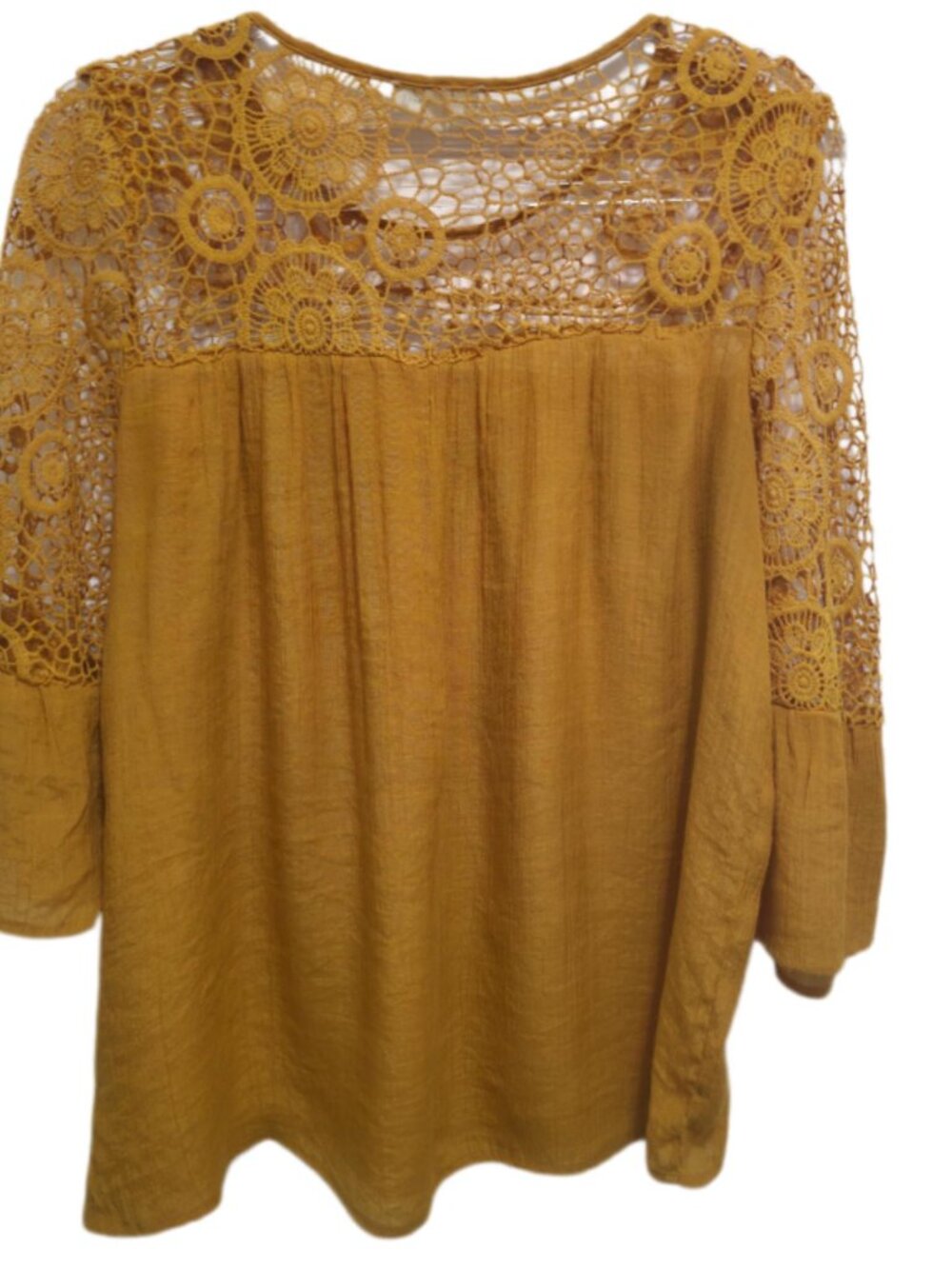 1485 Indigo Rose 3/4 Sleeves Lace Neck & Sleeves Loose-Fit Top Sz.M Womens